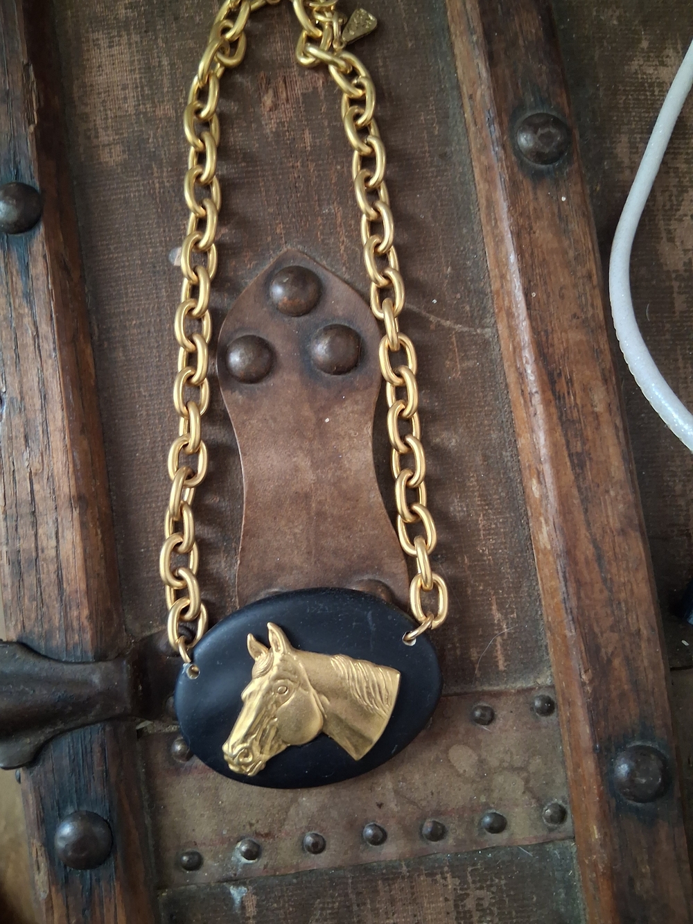 Gold-Tone Horse Pendant Necklace with Black Oval Accent